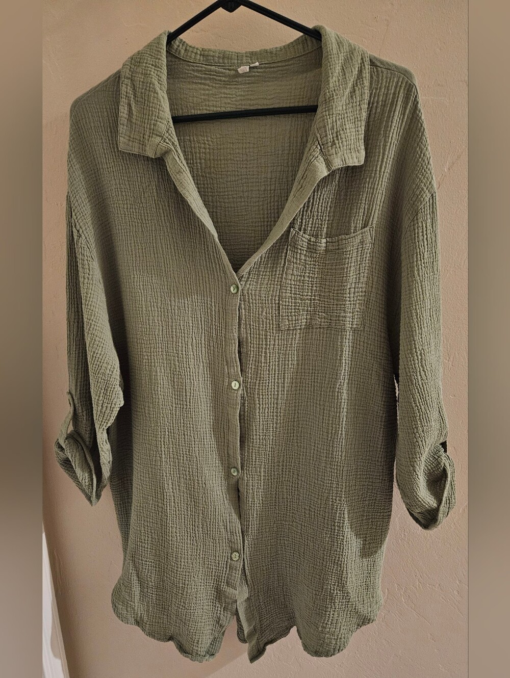 Tahiti Women’s Green Cotton Oversized Button Up Blouse Collar Layering 1X